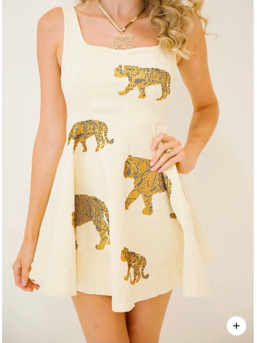 Judith March Cream Mini Dress with Gold Tiger Motifs